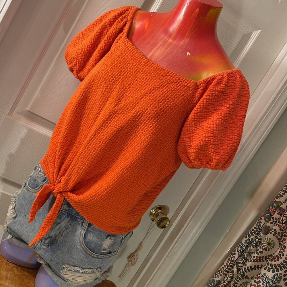LOFT Orange Puff Sleeve Smocked Blouse - Picture 4 of 11